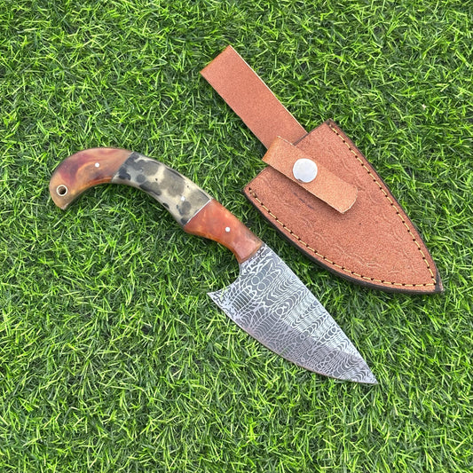 Hunting Knife Handmade J2 Steel Etched Blade 9&quot; Overall with Resin Handle & Leather Sheath for Camping Outdoor Collectors