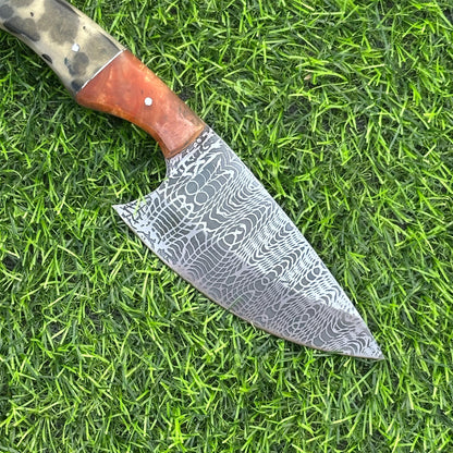 Hunting Knife Handmade J2 Steel Etched Blade 9&quot; Overall with Resin Handle & Leather Sheath for Camping Outdoor Collectors