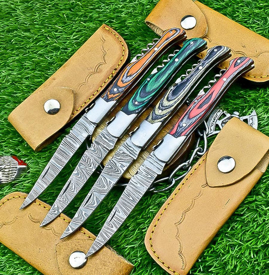Handmade Damascus Pocket Knives Lot of 4 | 8.5&quot; EDC Folding Knives with Pakka Wood Handles | Slip Joint Blades | Gift for Him