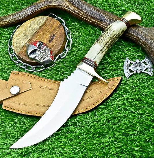 Handmade Hunting Knife 11&quot; | J2 Steel Blade | Stag Antler Handle with Brass Bolster | Fixed Blade Knife | Gift for Him