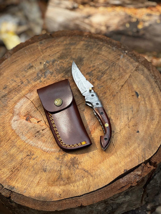 Pocket Knife 7.5&quot; Handmade Damascus Folding Knife for Men with Liner Lock & Sheath, Gift for Him, Husband, Boyfriend