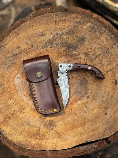 Pocket Knife 7.5&quot; Handmade Damascus Folding Knife for Men with Liner Lock & Sheath, Gift for Him, Husband, Boyfriend