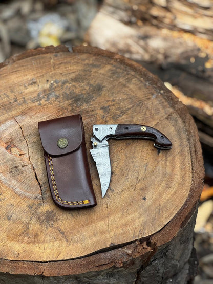 Pocket Knife 7.5&quot; Handmade Damascus Folding Knife for Men with Liner Lock & Sheath, Gift for Him, Husband, Boyfriend