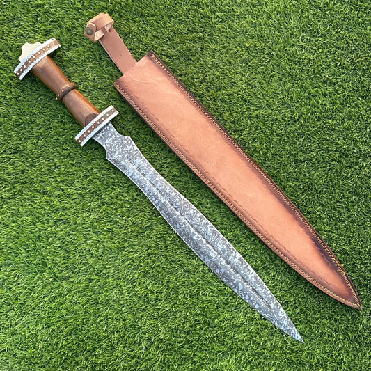 Custom Handmade Viking Sword 28&quot; J2 Steel Blade with Leather Sheath - Natural Wood Handle, Collectible Anniversary Gift for Father