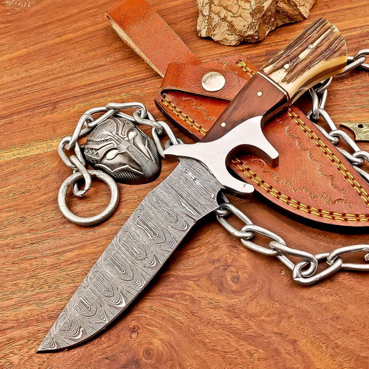 Damascus Bowie Knife 10&quot; Handcrafted Stag Horn Handle, Steel Guard, Hunting & Camping Collectible Blade