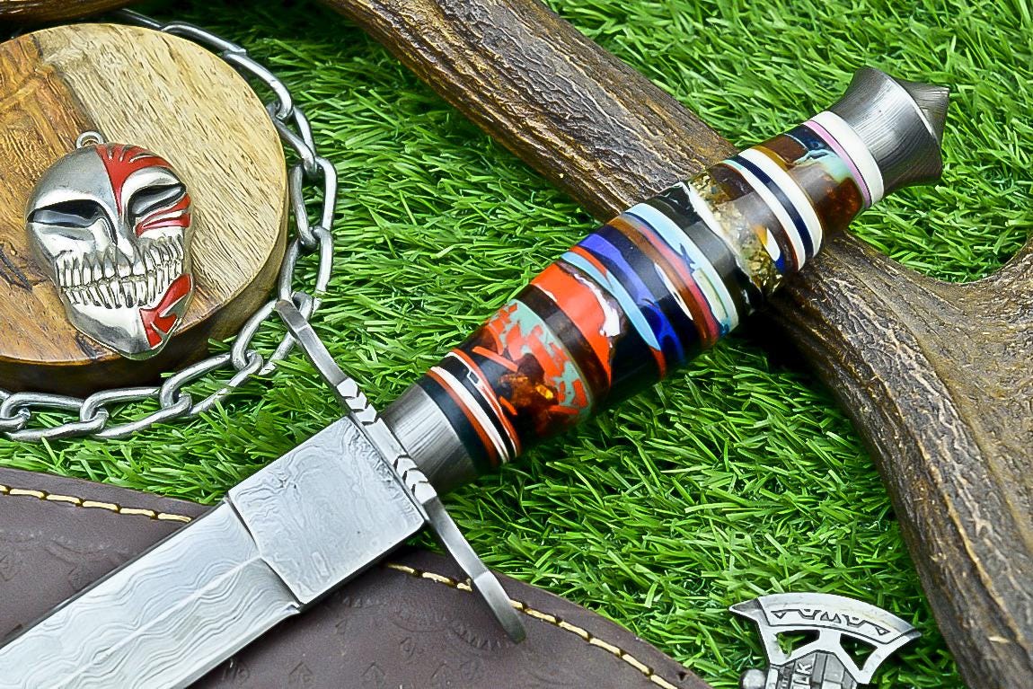 14.5&quot; Handmade Damascus Steel Dagger Hunting Bowie Knife | Double Edge Blade, Resin Handle, Damascus Guard, Gift for Groomsmen, Wedding Gift