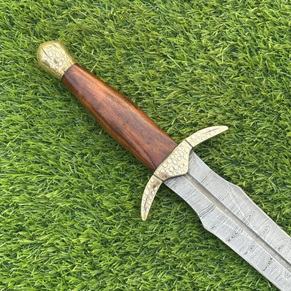 Handmade Damascus Steel Medieval Sword 22 Inch | Rosewood Handle | Brass Bolster | Leather Scabbard | Collectible Sword | Gift for Him