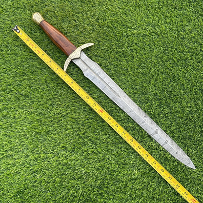 Handmade Damascus Steel Medieval Sword 22 Inch | Rosewood Handle | Brass Bolster | Leather Scabbard | Collectible Sword | Gift for Him