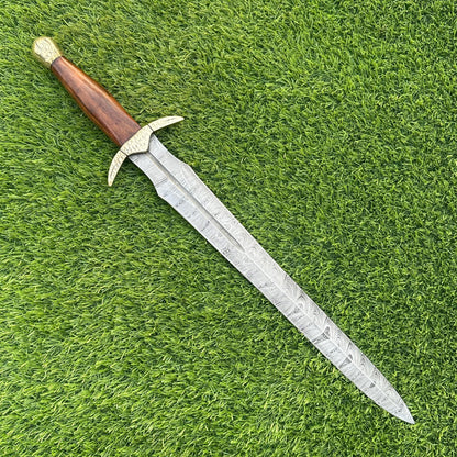 Handmade Damascus Steel Medieval Sword 22 Inch | Rosewood Handle | Brass Bolster | Leather Scabbard | Collectible Sword | Gift for Him