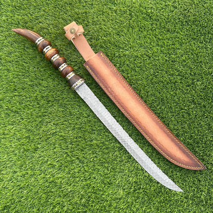 Handmade Damascus Steel Sword 23 Inch | Etched Blade | Rosewood Handle | Leather Sheath | Collectible Sword | Gift for Him