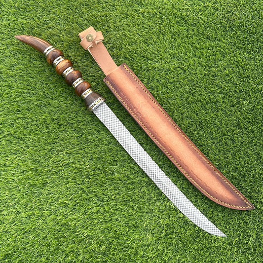 Handmade Damascus Steel Sword 23 Inch | Etched Blade | Rosewood Handle | Leather Sheath | Collectible Sword | Gift for Him