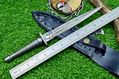 Damascus Steel Dagger Knife 12.5&quot; Handmade Double Edge Blade with Leather Sheath - Collectible Gift for Him & Groomsmen