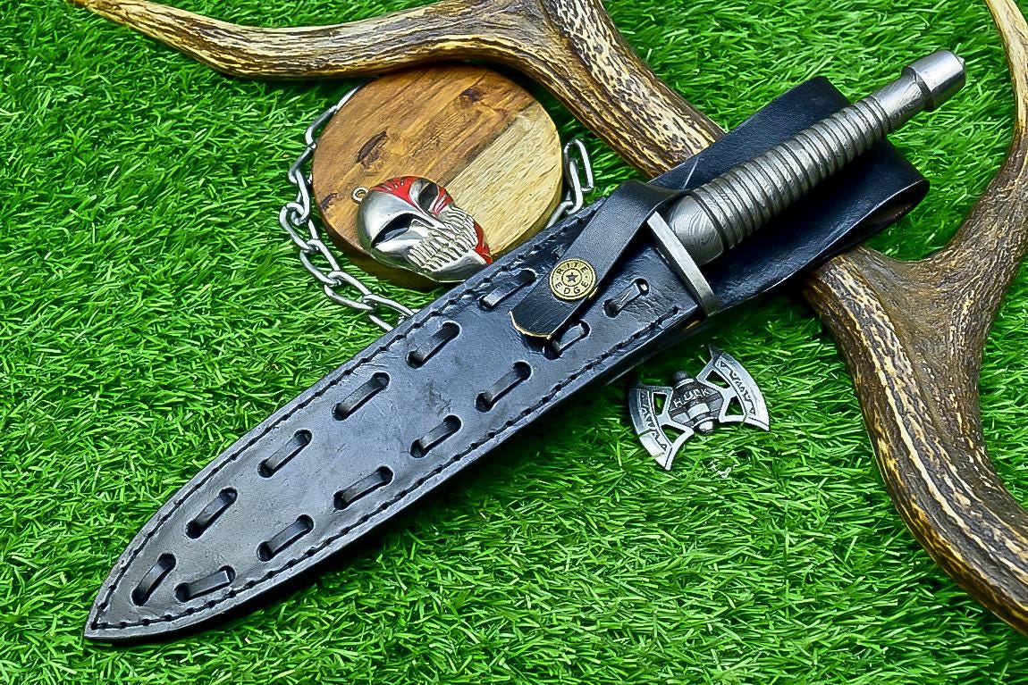 Damascus Steel Dagger Knife 12.5&quot; Handmade Double Edge Blade with Leather Sheath - Collectible Gift for Him & Groomsmen