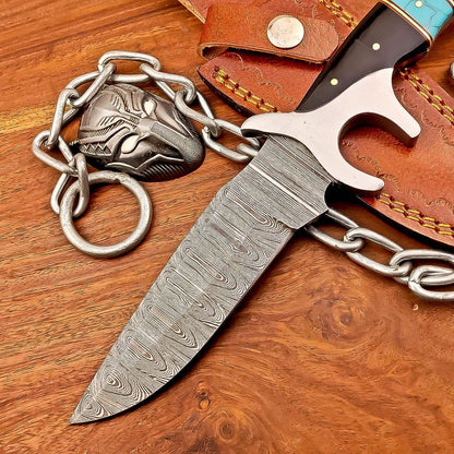 Handcrafted 10&quot; Damascus Bowie Knife –Resin, Damascus Steel Blade & Steel Guard – Premium Quality for Hunting, Camping, Collectors