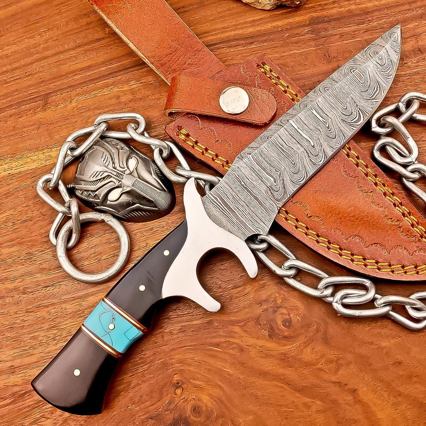 Handcrafted 10&quot; Damascus Bowie Knife –Resin, Damascus Steel Blade & Steel Guard – Premium Quality for Hunting, Camping, Collectors