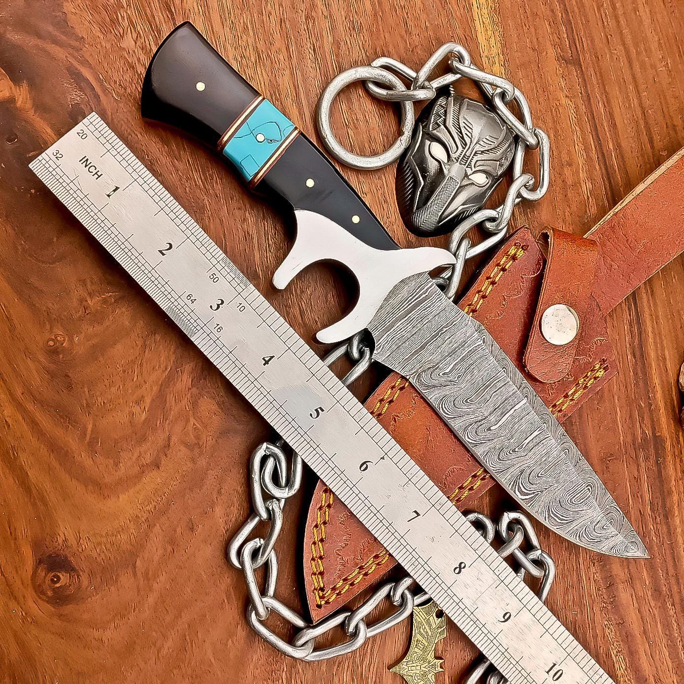Handcrafted 10&quot; Damascus Bowie Knife –Resin, Damascus Steel Blade & Steel Guard – Premium Quality for Hunting, Camping, Collectors