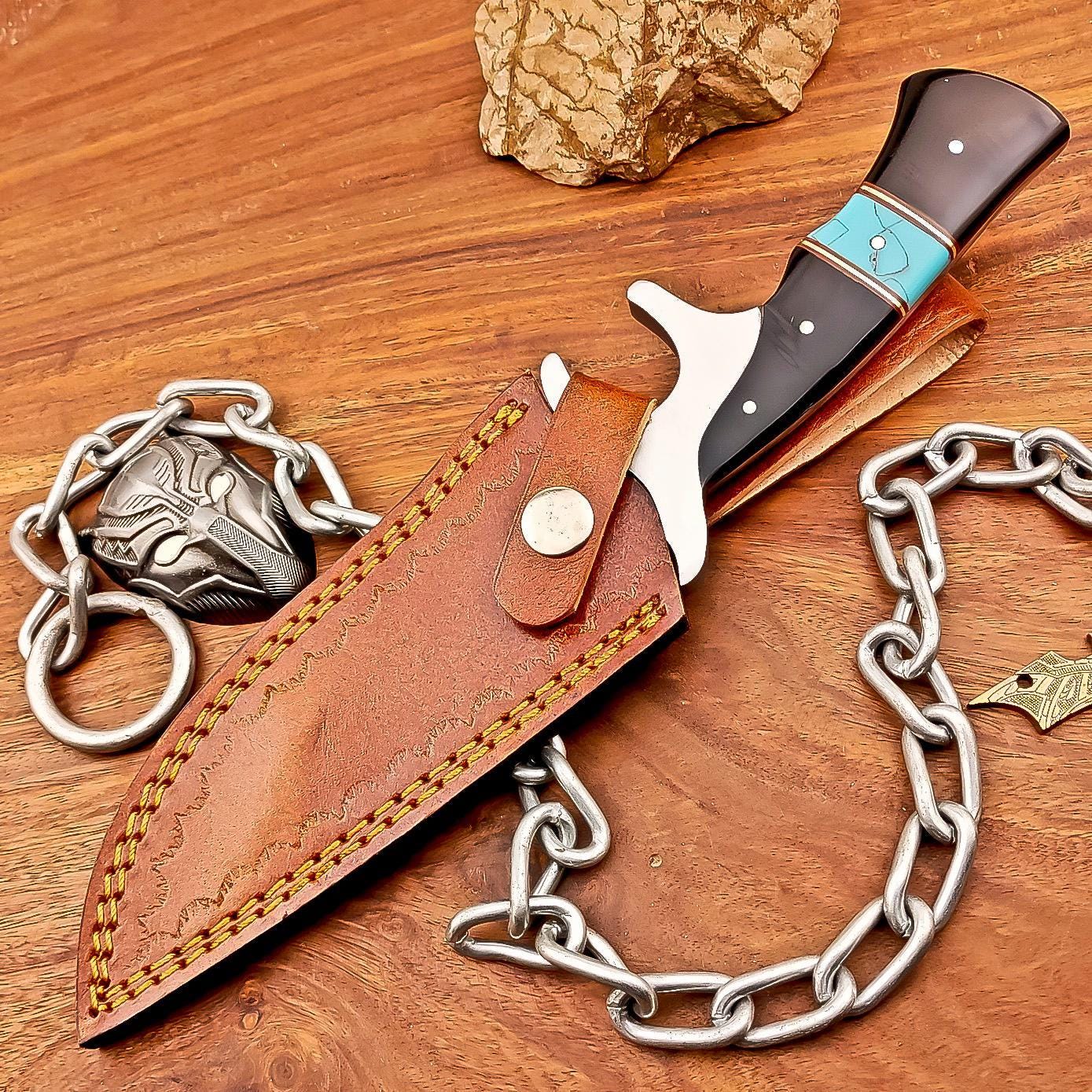 Handcrafted 10&quot; Damascus Bowie Knife –Resin, Damascus Steel Blade & Steel Guard – Premium Quality for Hunting, Camping, Collectors