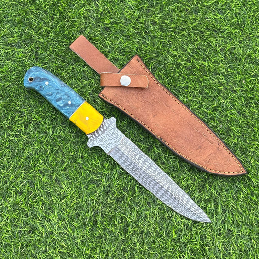 12&quot; Handmade J2 Steel Etched Blade Bowie Hunting Knife –  Resin Handle, Leather Sheath, Perfect for Hunting, Camping, Outdoor & Collectors