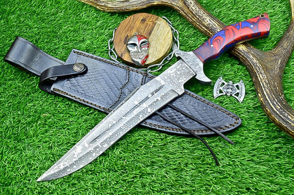Handmade J2 Steel Bowie Knife 15&quot; | Resin | Damascus Guard | Etched Blade, Full Tang Knife, Collectible Bowie, Husband Anniversary Present