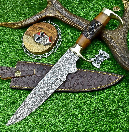 Handmade J2 Steel Bowie Knife with Resin & Natural Wood Handle, Brass Guard, Rat Tail Tang – Collectible Gift for Him