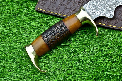 Handmade J2 Steel Bowie Knife with Resin & Natural Wood Handle, Brass Guard, Rat Tail Tang – Collectible Gift for Him