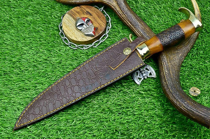 Handmade J2 Steel Bowie Knife with Resin & Natural Wood Handle, Brass Guard, Rat Tail Tang – Collectible Gift for Him