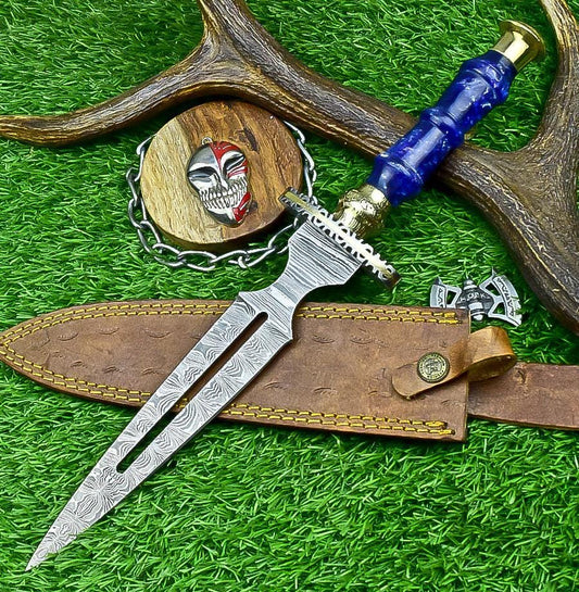Damascus Steel Handmade 15&quot; Hunting Bowie Dagger Knife with Resin Handle & Brass Bolster – Double Edge Blade Gift for Groomsmen Weddings