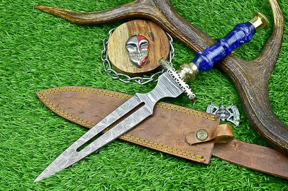 Damascus Steel Handmade 15&quot; Hunting Bowie Dagger Knife with Resin Handle & Brass Bolster – Double Edge Blade Gift for Groomsmen Weddings