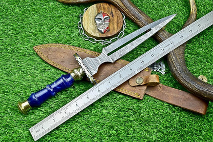 Damascus Steel Handmade 15&quot; Hunting Bowie Dagger Knife with Resin Handle & Brass Bolster – Double Edge Blade Gift for Groomsmen Weddings