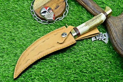 Handmade Hunting Knife 11&quot; | J2 Steel Blade | Stag Antler Handle with Brass Bolster | Fixed Blade Knife | Gift for Him