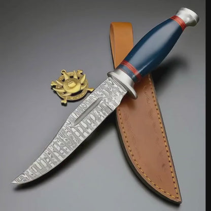 Handmade Damascus Steel Hunting Knife with Blue & Red Striped Handle