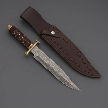 Handmade J2 Steel Bowie Knife with Etched Blade & Wood Handle, Custom Hunting Knife with Sheath Gift for Him, Unique Collectible Blade