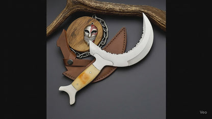 Handmade Crescent Half-Moon Ritual Knife, Unique Curved Blade, Leather Sheath | SN-1035