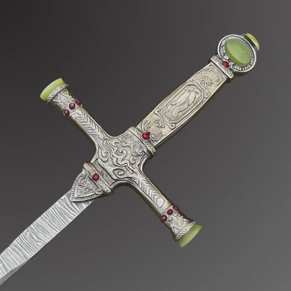 Handmade Medieval Sword with Gemstones  Ornate Damascus Steel Blade & Black Leather Scabbard