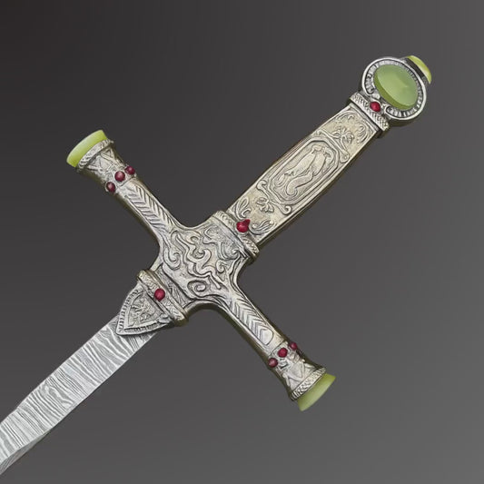 Handmade Medieval Sword with Gemstones  Ornate Damascus Steel Blade & Black Leather Scabbard