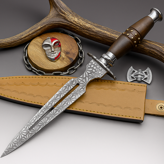 Damascus Steel Double Blade Fantasy Dagger with Leather Sheath and Bleach Mask Keychain | SN-794